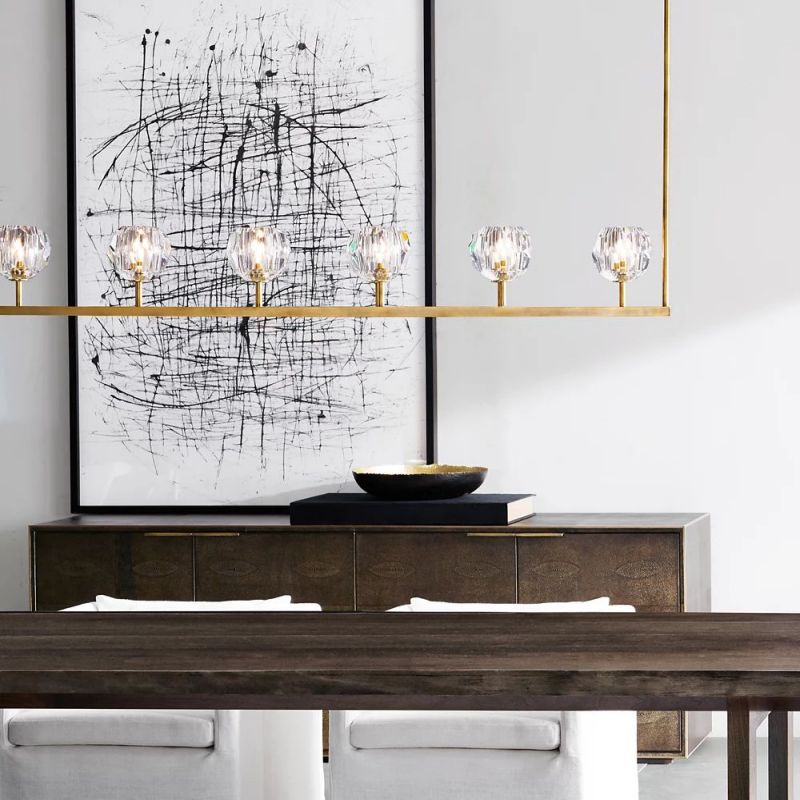 Linear Chandelier with Crystal Spheres 152cm Brass Black Nickel for Dining Room Living Room 6 Lights | Sansoti