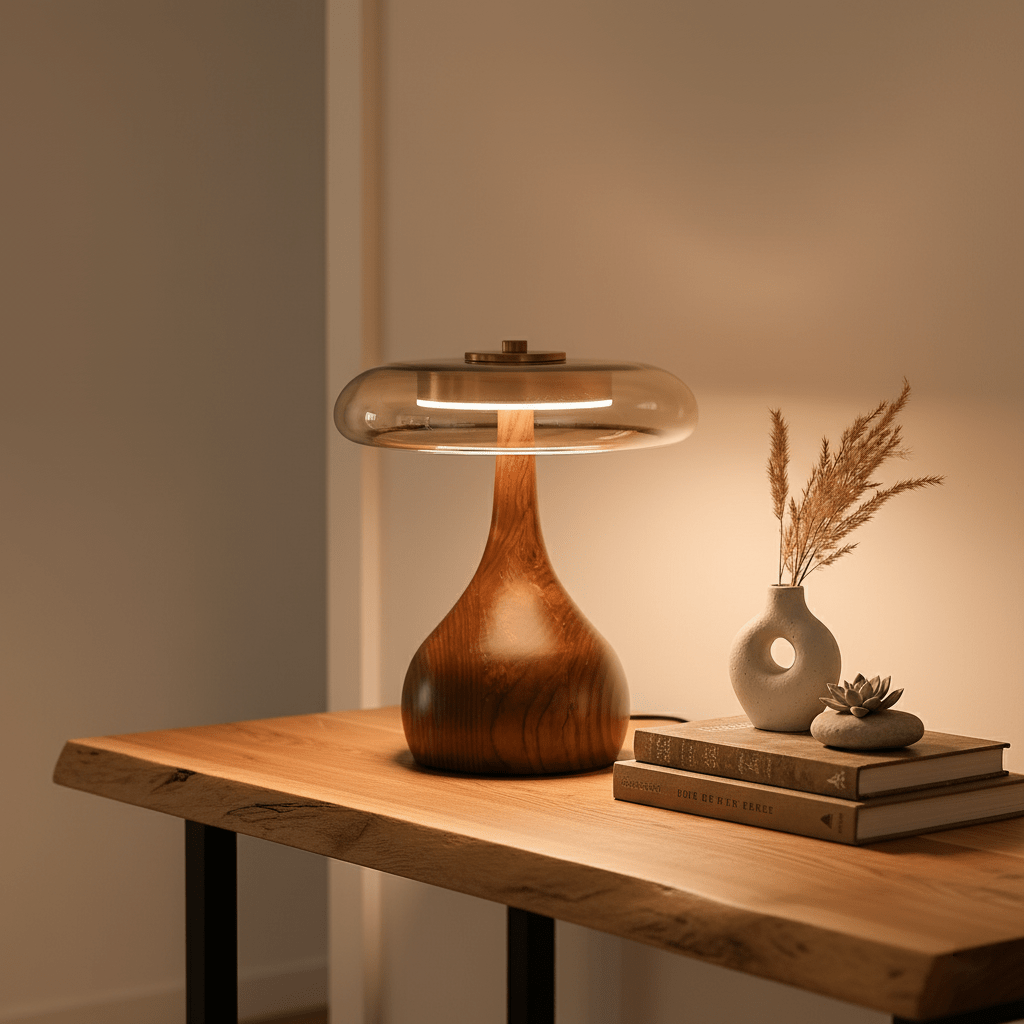 Tischleuchte mit gebogenem Holzfuß und bernsteinfarbenem Glasschirm – modernes skandinavisches Design – warmweißes Licht – Plug-in, 150-cm-Kabel – ø 8,7" – 2 Höhen | Sansoti