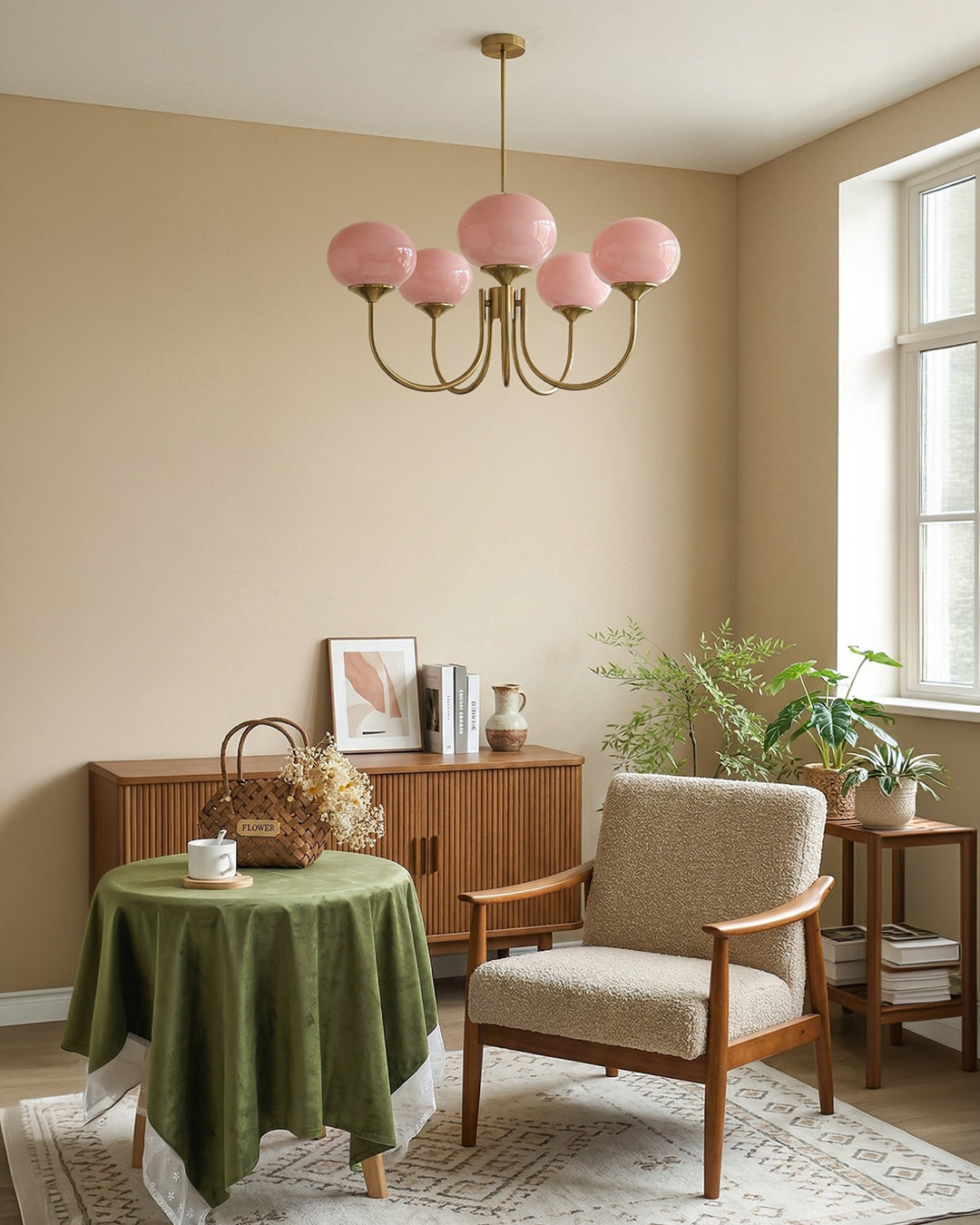 Mid-Century Glass Chandelier with Globe Shades and Polished Metal Finish – Available in Copper and Chrome with Colored Glass – 3 or 5 Arms with Adjustable Rod System | Sansoti