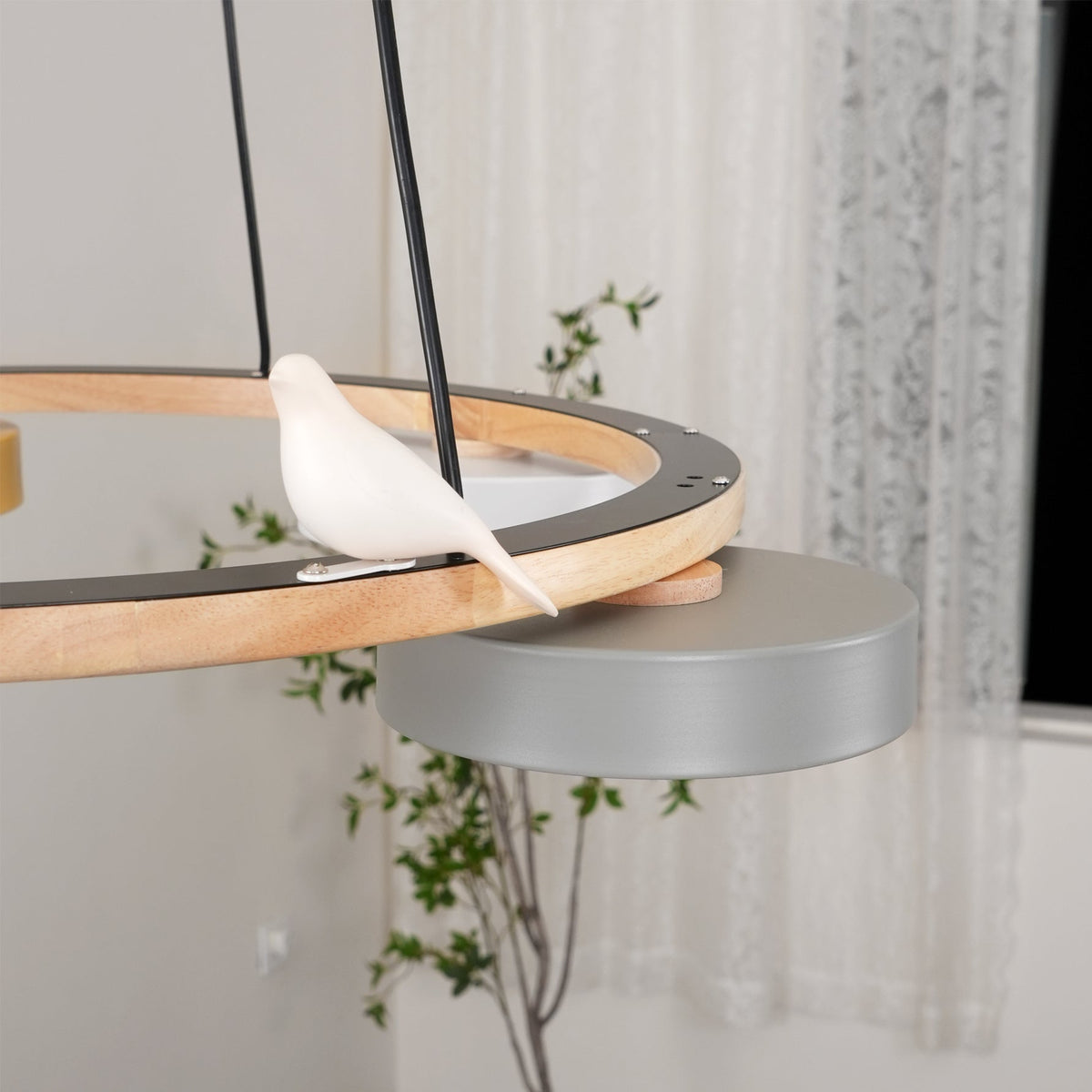 Round Pendant Lamp With Birds Wooden Ring LED 65cm 72cm | Sansoti