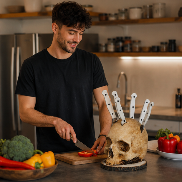 Schedelvormig Messenblok met Fruitschaal Gotisch Design Opbergrek Keuken Decoratie Horror Keukengerei | Sansoti
