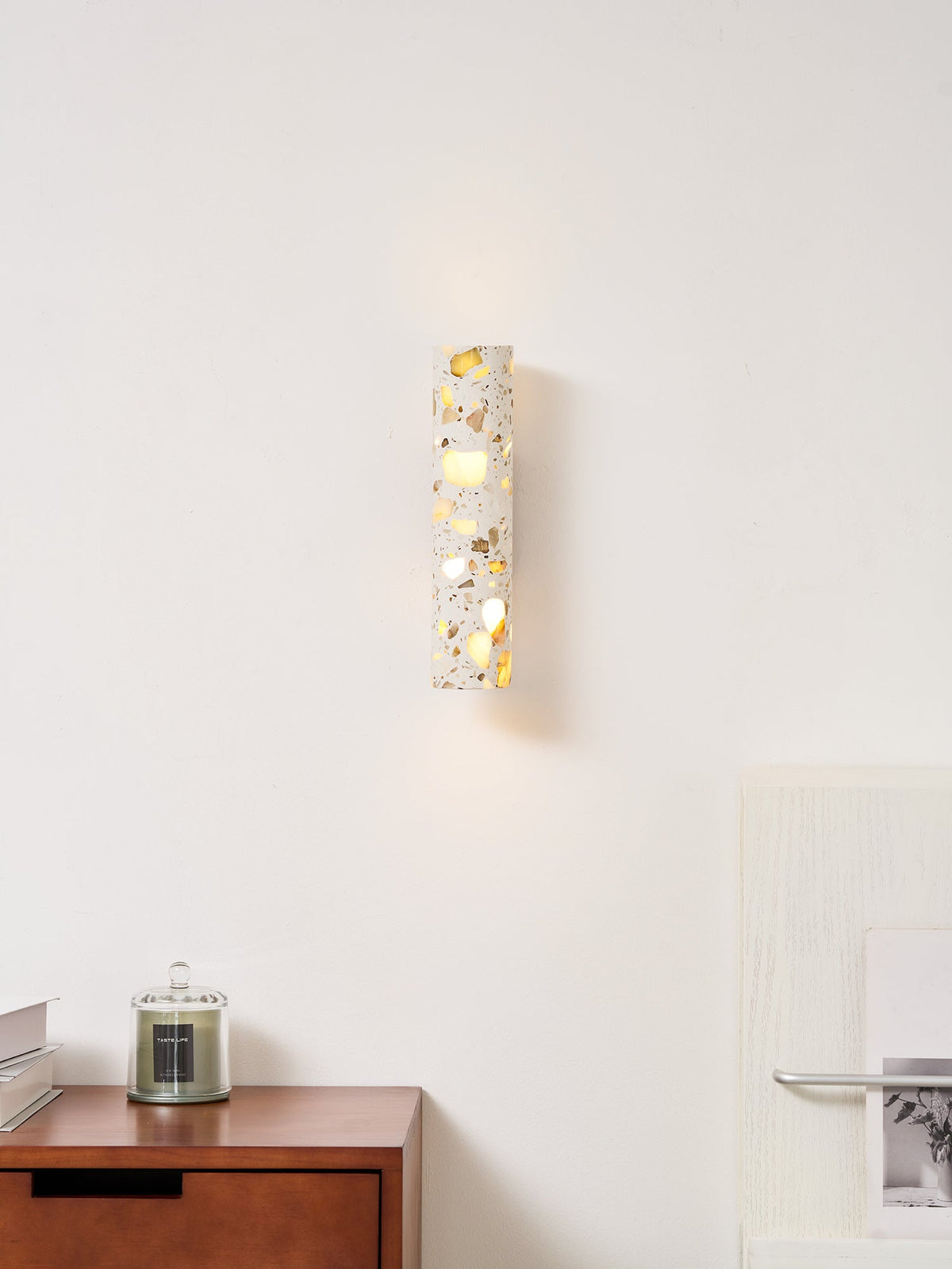 Wall Lamp Terrazzo Cylinder – Walnut Wooden Base – Handmade Natural Stone – Retro Column Design – Warm Light G9 – Living Room Bedroom Hallway | Sansoti