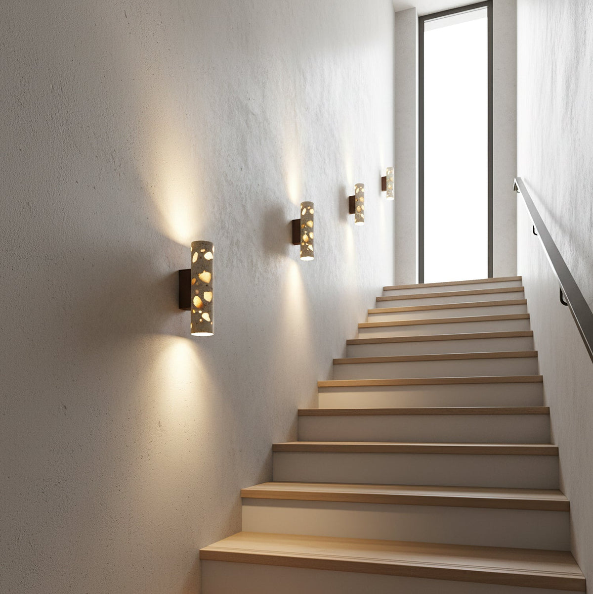 Wall Lamp Terrazzo Cylinder – Walnut Wooden Base – Handmade Natural Stone – Retro Column Design – Warm Light G9 – Living Room Bedroom Hallway | Sansoti