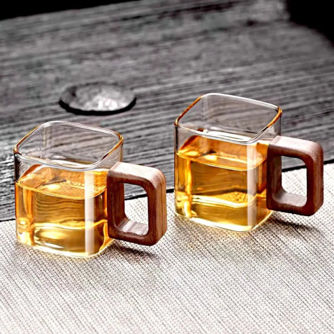 Glass Mug Square Borosilicate Glass Walnut Wooden Handle 90ml Espresso Tea | Sansoti