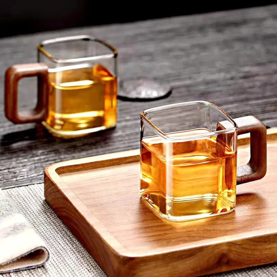 Glasbecher Quadratisch Borosilikatglas Walnuss Holzgriff 90ml Espresso Tee | Sansoti