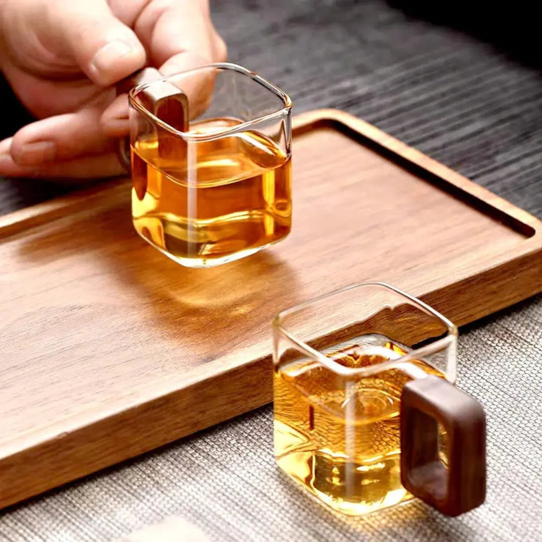 Glass Mug Square Borosilicate Glass Walnut Wooden Handle 90ml Espresso Tea | Sansoti
