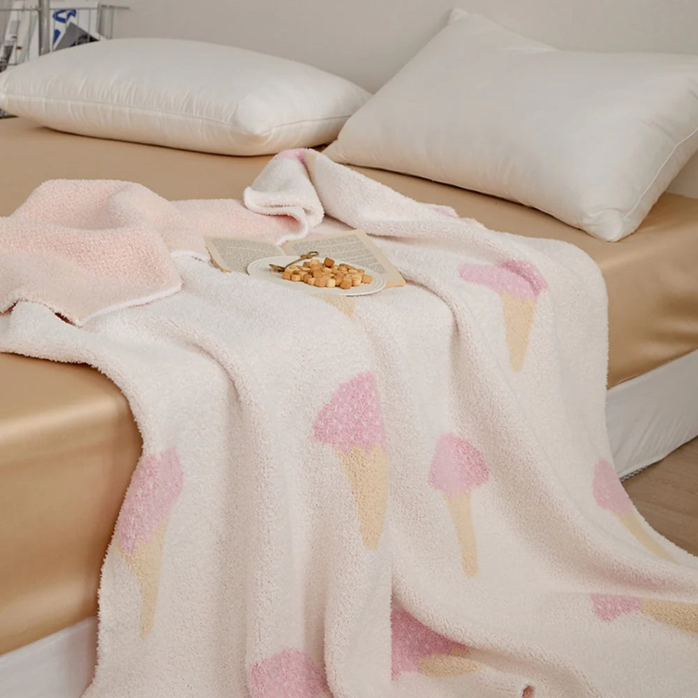 Knitted Blanket 120x150cm Ice Cream Pattern Soft Microfiber Throw for Sofa, Bed, Couch, and Travel Living Room | Sansoti