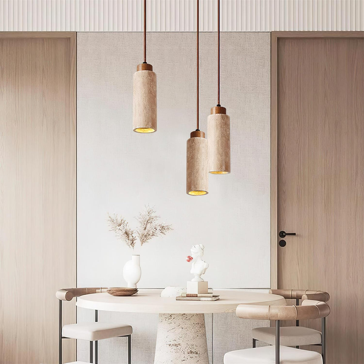 Hanglamp Travertijn Cilinder Hout LED Beige Eettafel Woonkamer Natuurlijke Steen Minimalistisch Design Verlichting Japandi Interieur | Sansoti