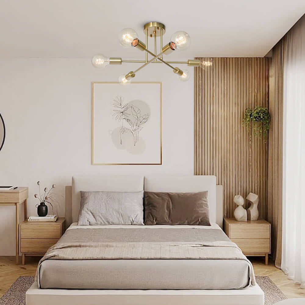 Messing Sputnik-Deckenleuchte mit 6 Lichtpunkten – Semi-Flush-Design für niedrige Decken 60 cm | Sansoti