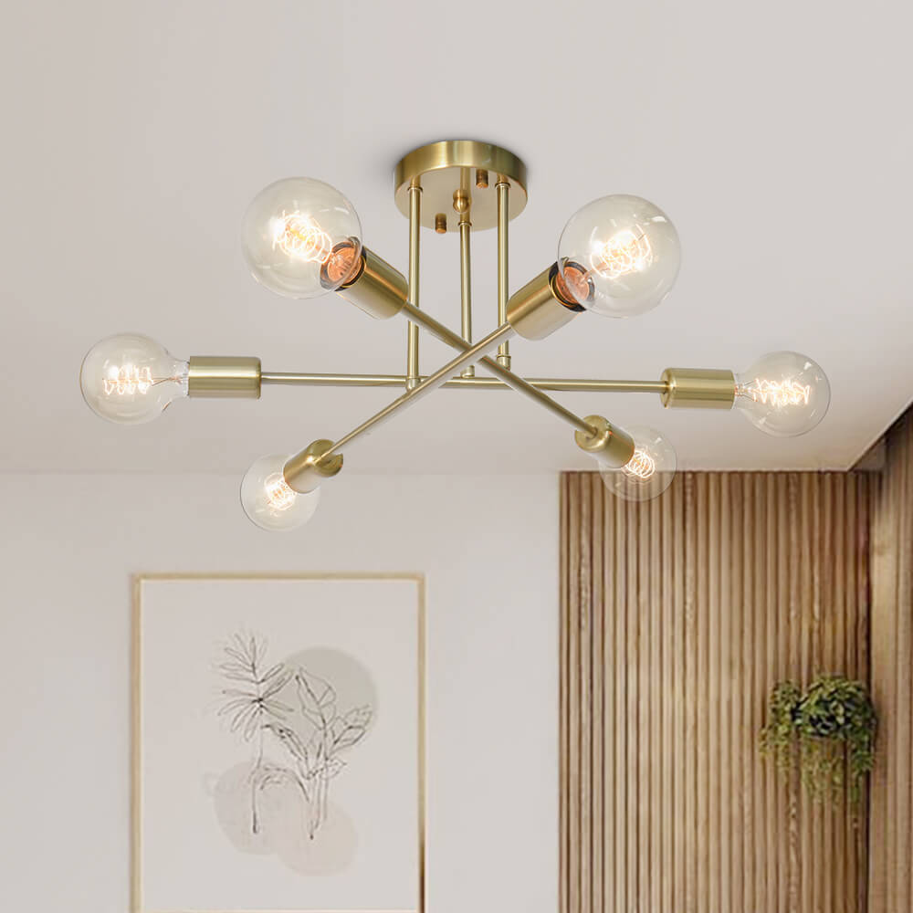 Messing Sputnik-Deckenleuchte mit 6 Lichtpunkten – Semi-Flush-Design für niedrige Decken 60 cm | Sansoti