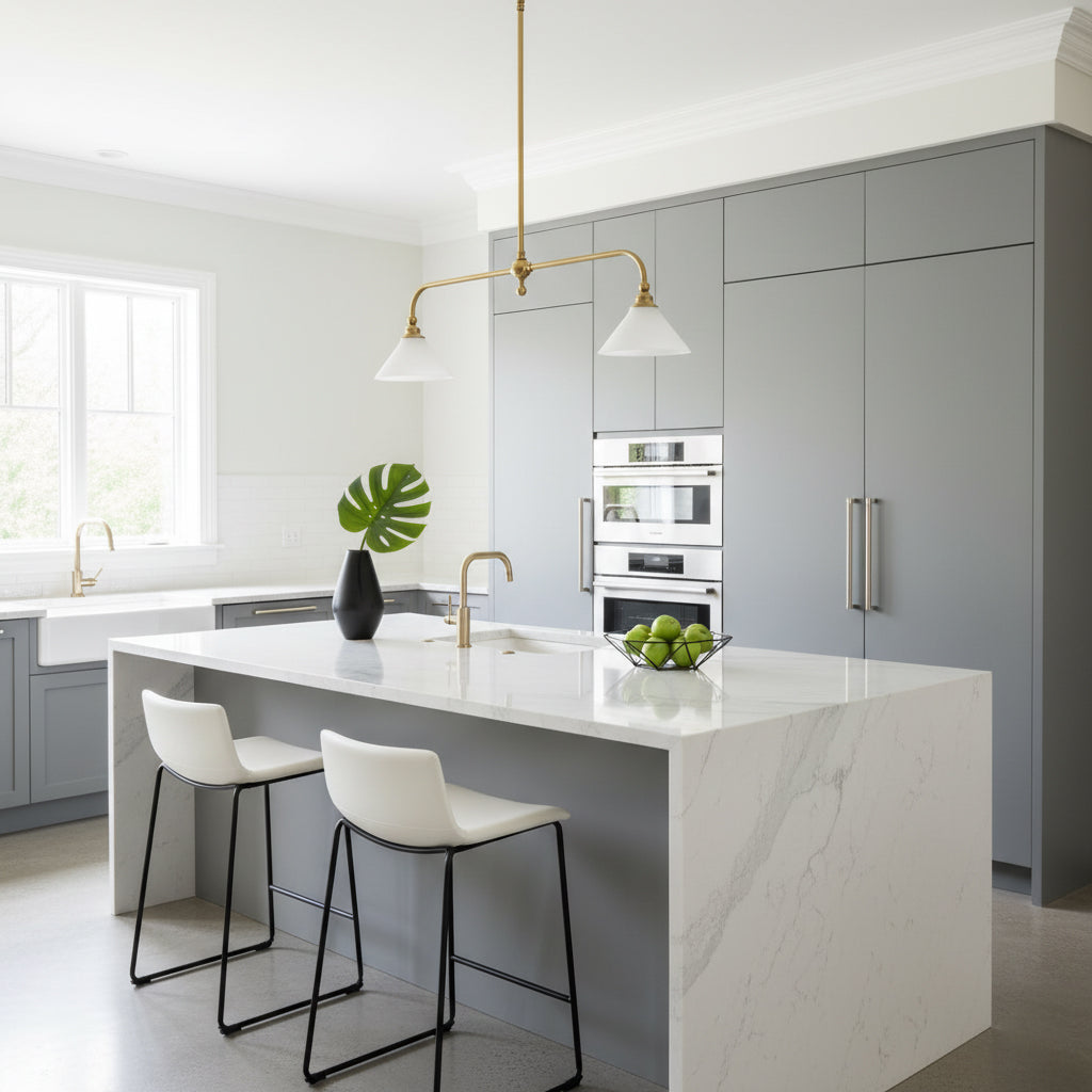 Lámpara colgante de diseño de lujo con pantallas de vidrio blanco para mesa de comedor e isla de cocina, acabado de latón | Sansoti