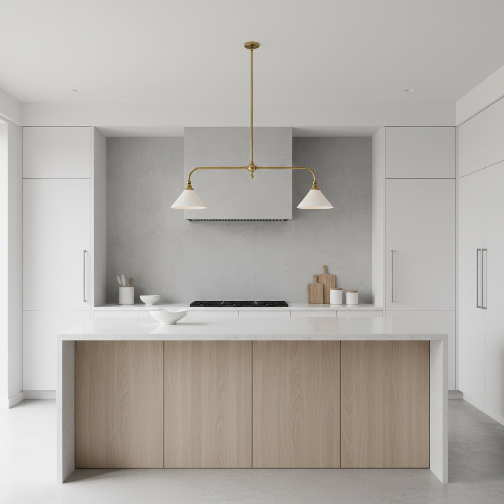Lámpara colgante de diseño de lujo con pantallas de vidrio blanco para mesa de comedor e isla de cocina, acabado de latón | Sansoti