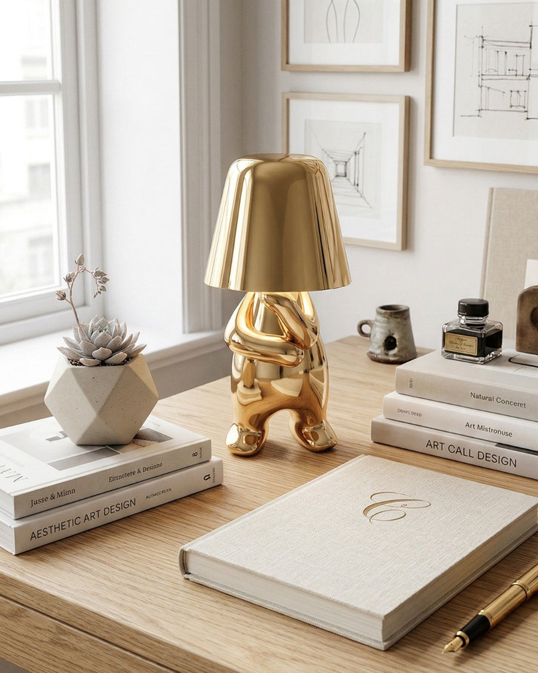 Lampe de table en métal sculpture figure lumière d’ambiance tactile dimmable LED veilleuse or argent design moderne décoratif | Sansoti