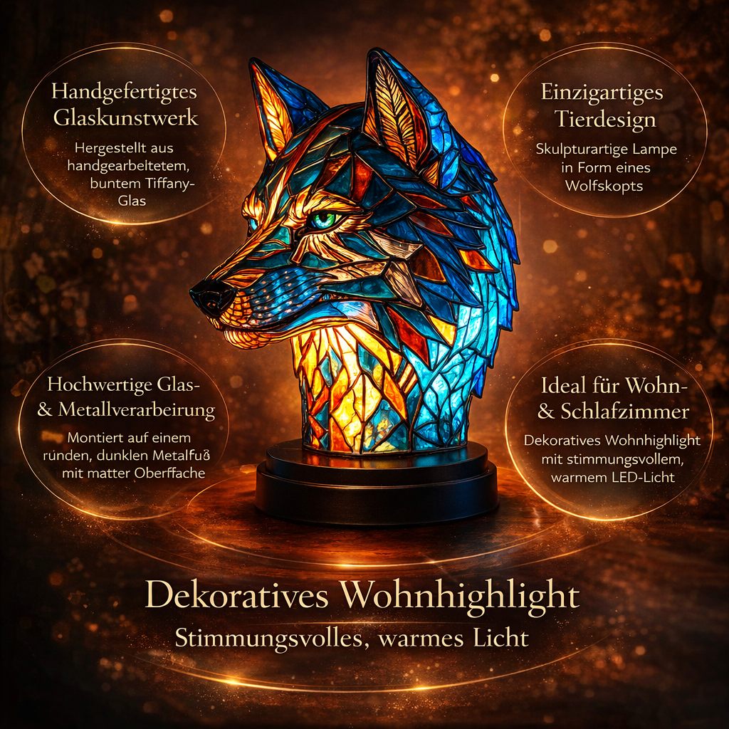 Dekorative Tischleuchte mit farbigem Glasmosaik – Wolf, Schildkröte, Löwe, Elefant – Stimmungsvolle Tischlampe 15cm | Sansoti