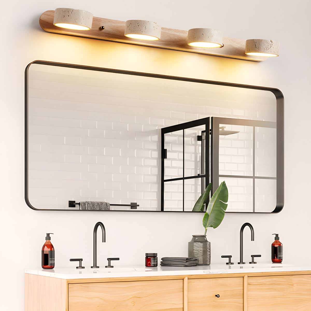 Travertin-Wandlampe mit Holzfuß und doppelter LED-Lichtquelle, natürliches Stein-Design, Wandbeleuchtung für Schlafzimmer, Flur und Wohnzimmer | Sansoti