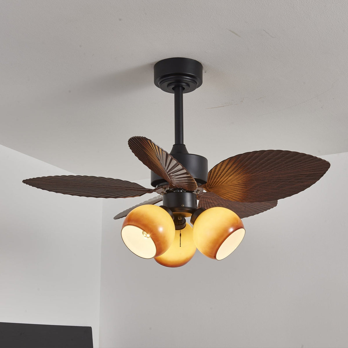 Vintage Ceiling Fan with Lighting – 91cm Diameter – Walnut Finish & Orange Shade | Sansoti