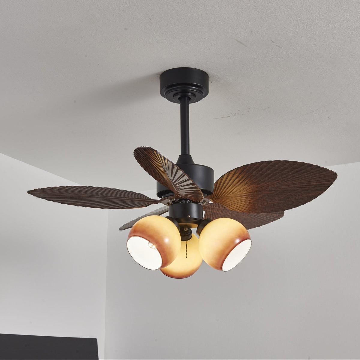 Vintage Ceiling Fan with Lighting – 91cm Diameter – Walnut Finish & Orange Shade | Sansoti