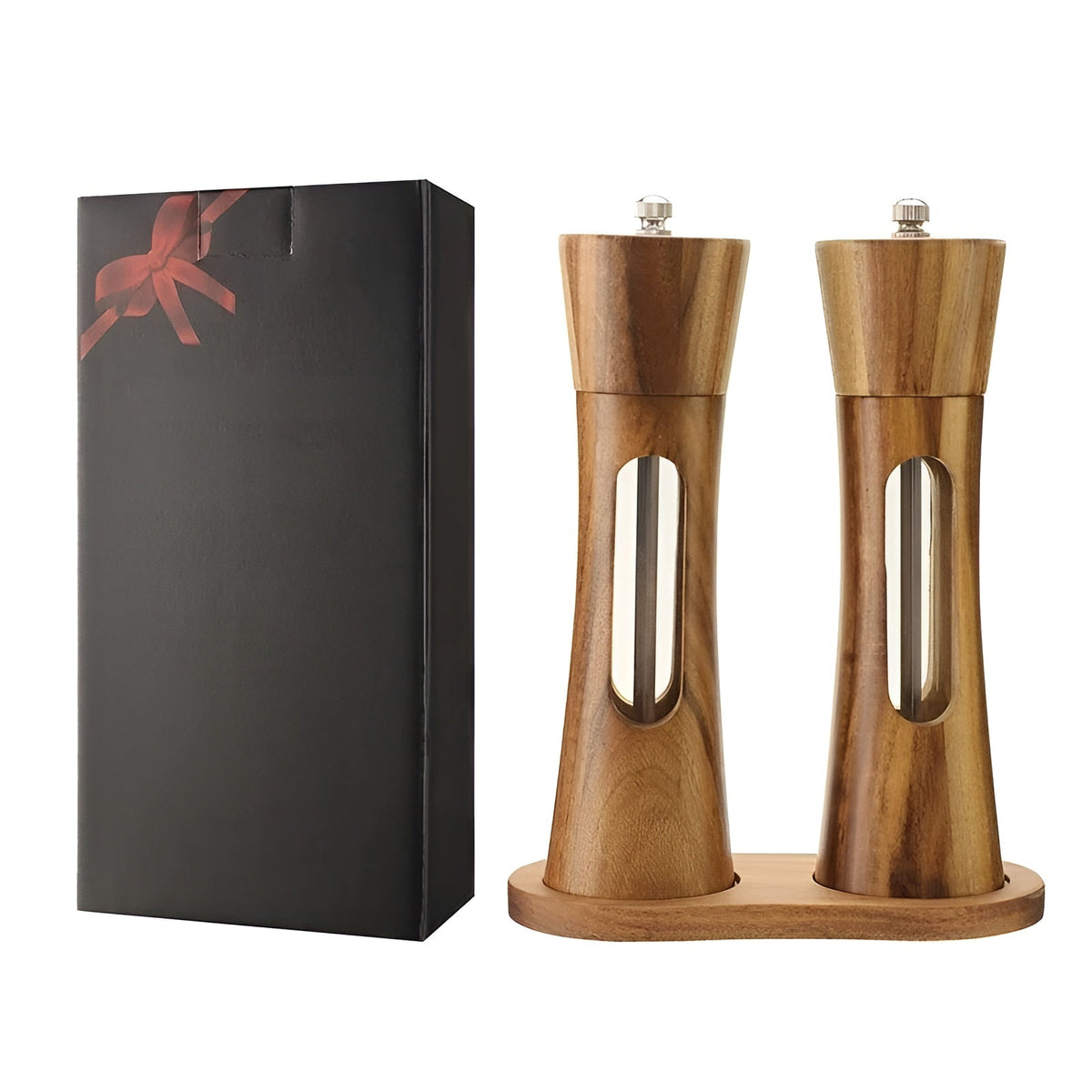 Set de molinillos de sal y pimienta de madera y acrílico con ventana, 19cm, molienda ajustable, cerámica, para mesa y cocina, regalo | Sansoti