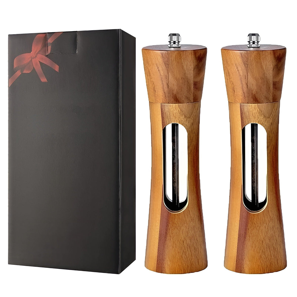 Set de molinillos de sal y pimienta de madera y acrílico con ventana, 19cm, molienda ajustable, cerámica, para mesa y cocina, regalo | Sansoti