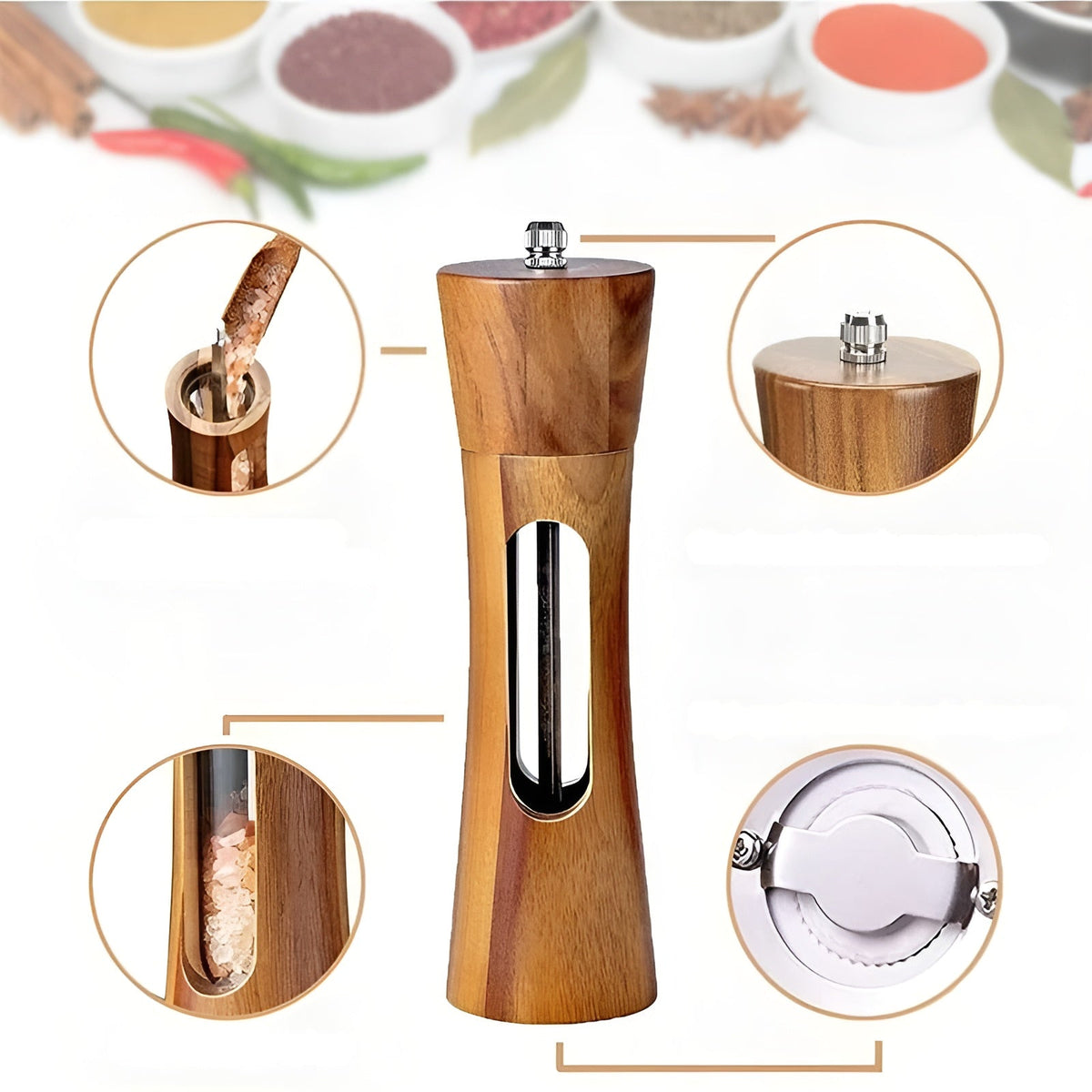 Set de molinillos de sal y pimienta de madera y acrílico con ventana, 19cm, molienda ajustable, cerámica, para mesa y cocina, regalo | Sansoti