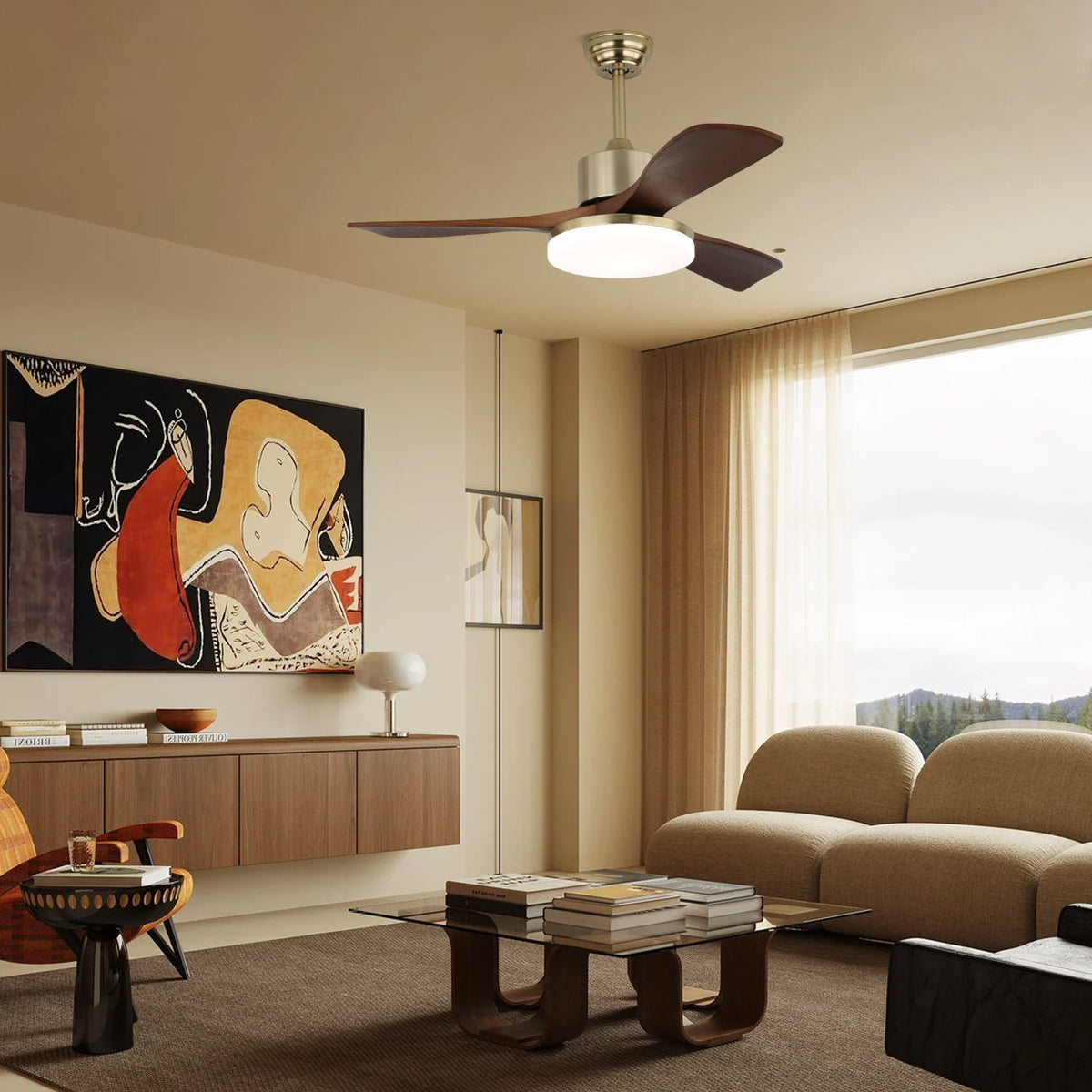 Deckenventilator Selora mit Beleuchtung – Messing & Holz – Modernes Design mit Fernbedienung – 6 Geschwindigkeiten – LED 48W dimmbar – Ø106cm oder Ø132cm – Luxuriöse Deckenlampe & Kühlsystem – Inklusive Fernbedienung | Sansoti