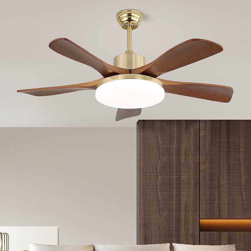 Moderner Deckenventilator mit Beleuchtung in Messing und Holz – 106 cm Ø – Skandinavisch inspiriertes Design mit 6 Geschwindigkeiten | Sansoti