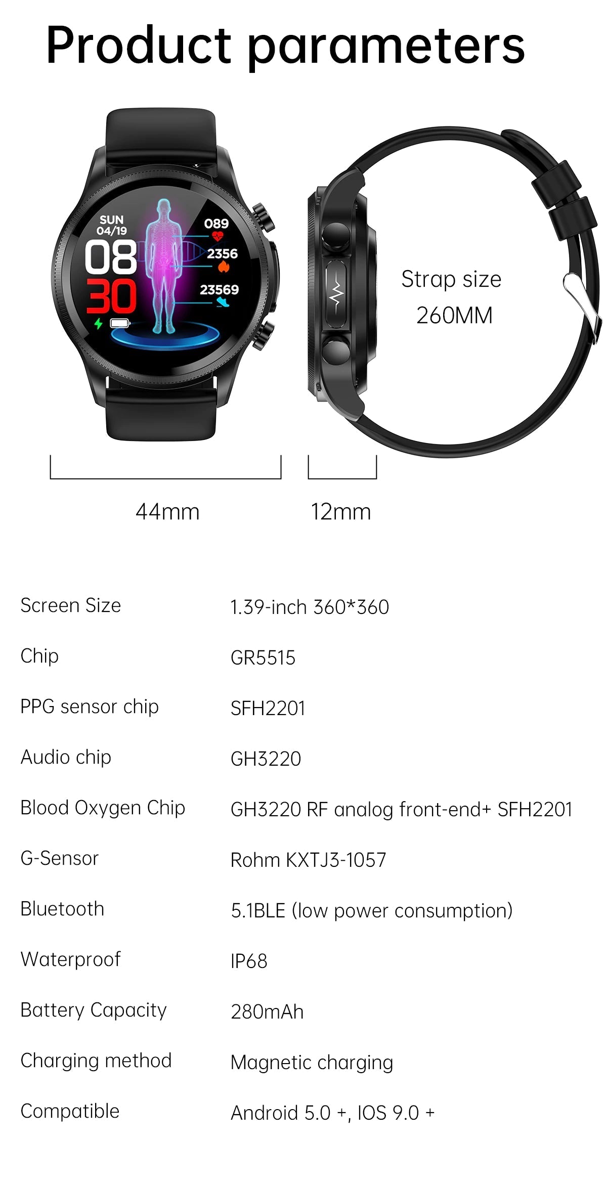 Smartwatch monitorujący zdrowie z pomiarem poziomu cukru we krwi i pulsem, wodoodporny tracker fitness | Sansoti
