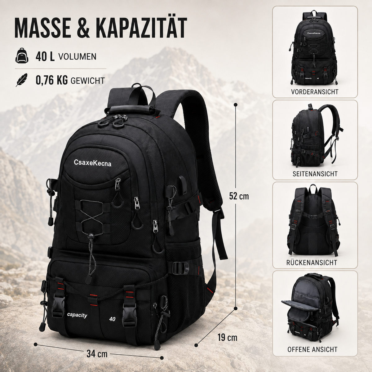Trekkingrucksack 40 Liter mit USB-Anschluss, ergonomisch und wasserdicht, zum Wandern, für Bergtouren, Outdoor-Aktivitäten, Camping und Reisen | Sansoti