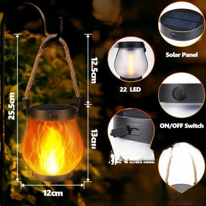 Solar-Powered Lantern Flame Effect 22 LED 25.5cm Outdoor Garden Terrace Hanging Solar Ambient Lighting Hemp Rope Waterproof | Sansoti