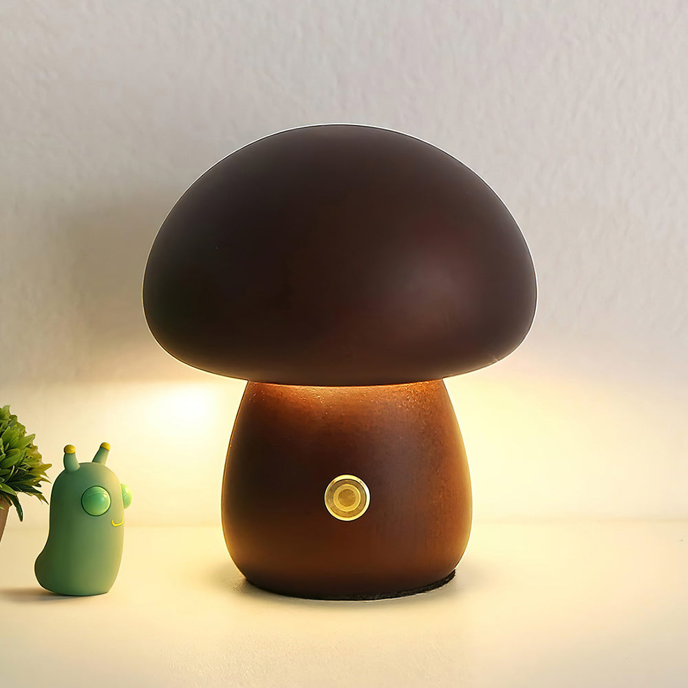 Lampe de table champignon en bois avec batterie intégrée et commande tactile – lumière d'ambiance chaude pour salon, chambre, bureau – lampe LED rechargeable avec fonction dimmable – éclairage décoratif d'ambiance | Sansoti