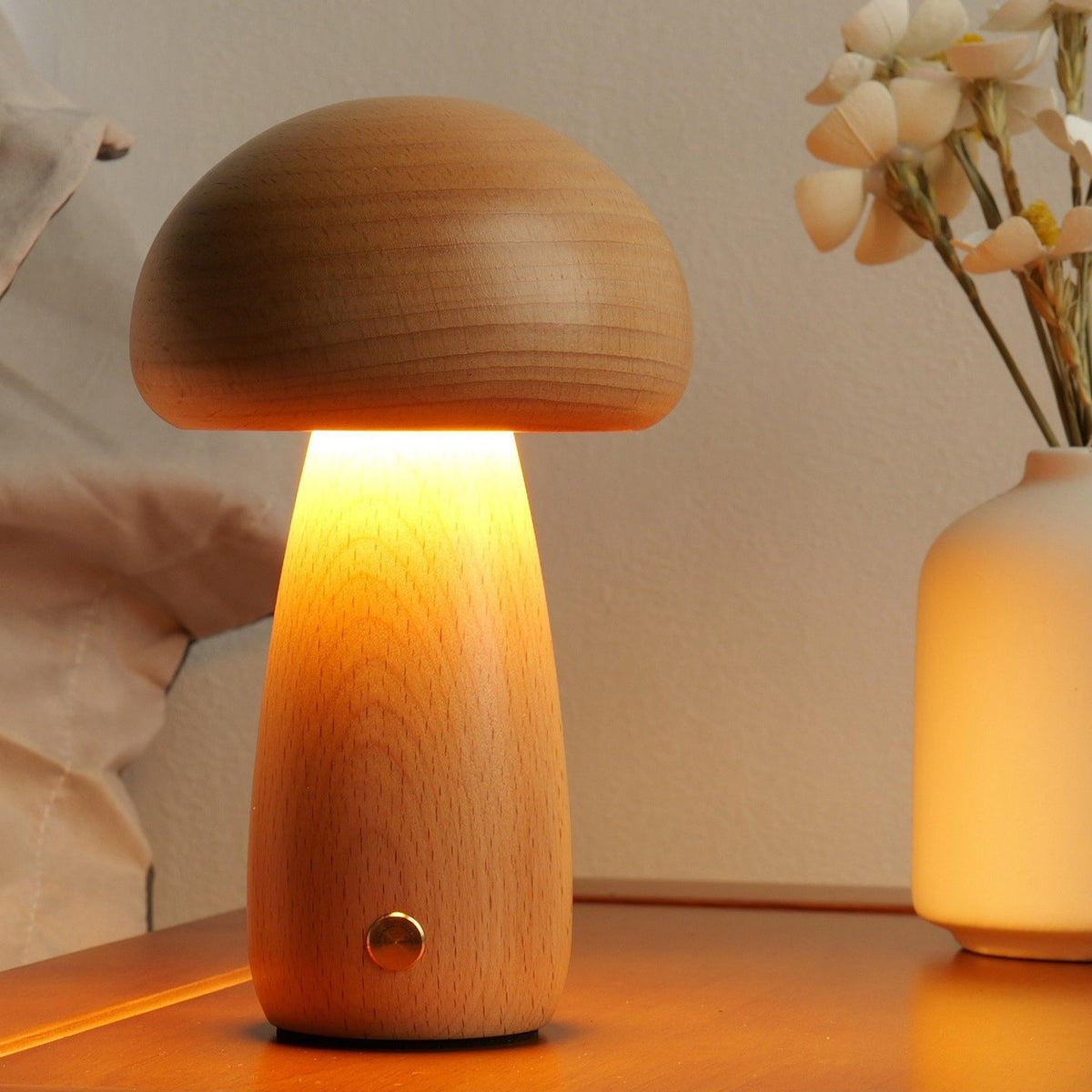 Lampe de table champignon en bois avec batterie intégrée et commande tactile – lumière d'ambiance chaude pour salon, chambre, bureau – lampe LED rechargeable avec fonction dimmable – éclairage décoratif d'ambiance | Sansoti