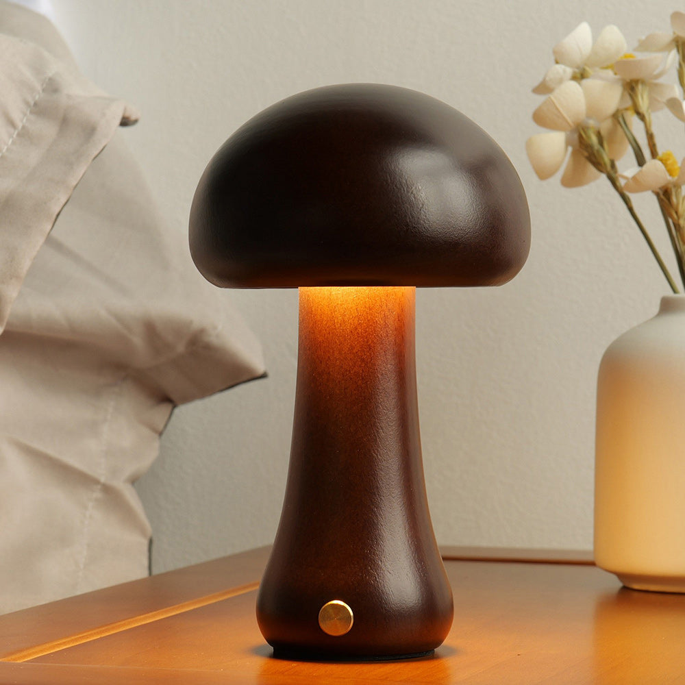 Wooden Mushroom Table Lamp with Built-in Battery & Touch Control – Warm Ambient Light for Living Room, Bedroom, Office – Rechargeable LED Lamp with Dim Function – Decorative Mood Lighting | Sansoti