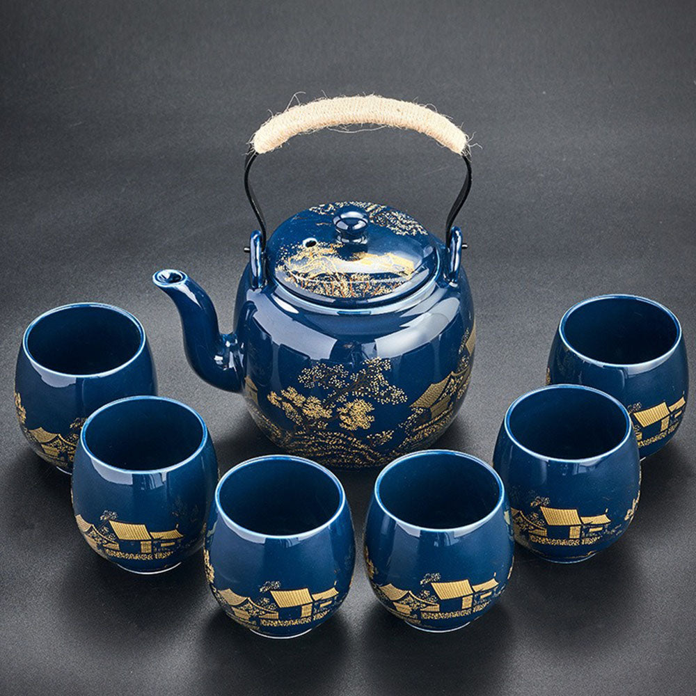 Japoński zestaw do herbaty gongfu z tacą, porcelanowy, niebieski, z motywem górskiego krajobrazu, 8 elementów | Sansoti