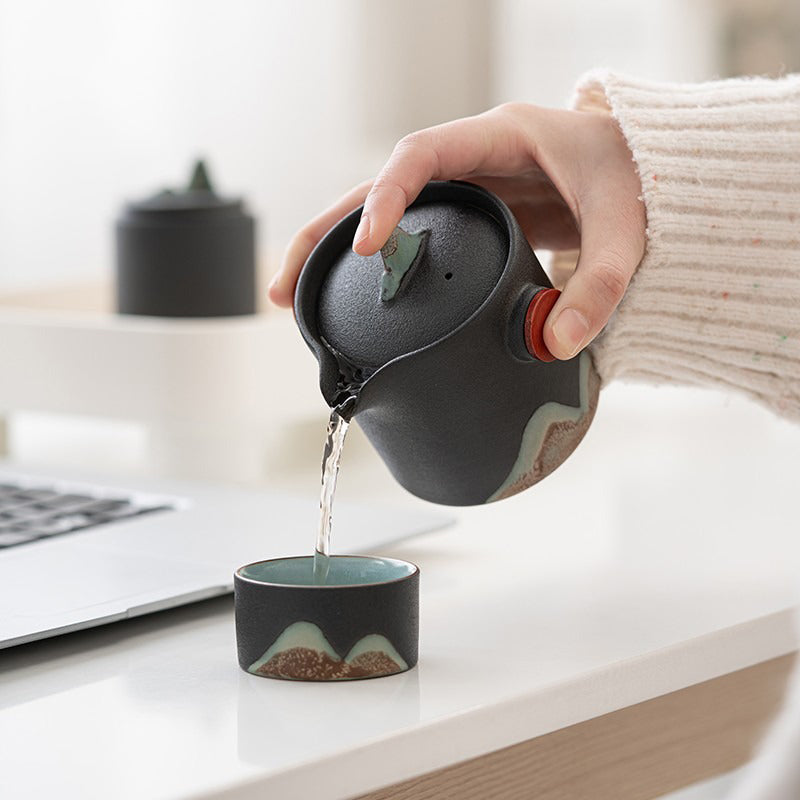 Juego de té de viaje japonés de cerámica con tetera, tazas y bolsa de viaje, diseño de paisaje de montaña, compacto | Sansoti