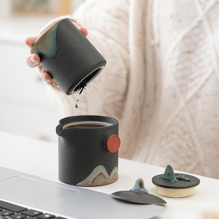 Juego de té de viaje japonés de cerámica con tetera, tazas y bolsa de viaje, diseño de paisaje de montaña, compacto | Sansoti