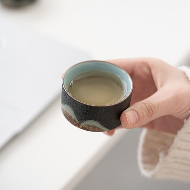 Juego de té de viaje japonés de cerámica con tetera, tazas y bolsa de viaje, diseño de paisaje de montaña, compacto | Sansoti