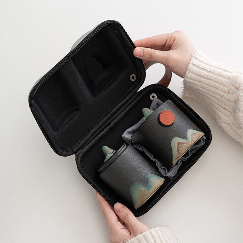 Juego de té de viaje japonés de cerámica con tetera, tazas y bolsa de viaje, diseño de paisaje de montaña, compacto | Sansoti
