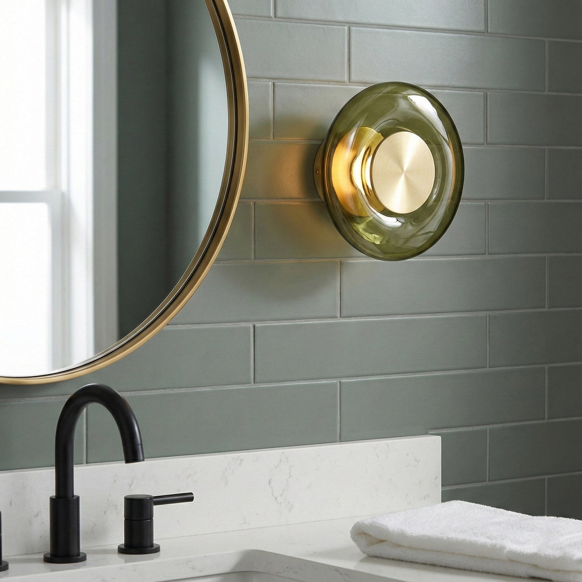 Applique murale avec verre vert et finition dorée – Accent d’éclairage moderne pour hall et chambre | Sansoti