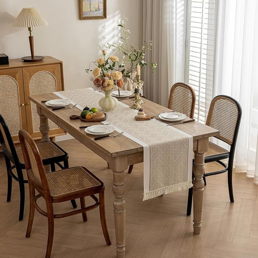 Handwoven Table Runner Zigzag Natural Tones Textile Protection Dining Table 36-351cm Scandinavian Design | Sansoti