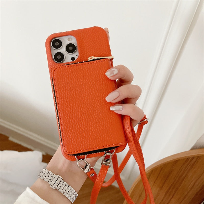 Phone Case with Wallet Crossbody Strap iPhone Faux Leather Card Holder Stand Hands-Free Protection | Sansoti