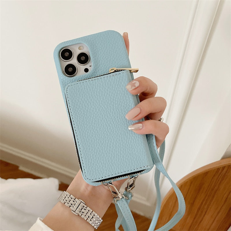 Phone Case with Wallet Crossbody Strap iPhone Faux Leather Card Holder Stand Hands-Free Protection | Sansoti