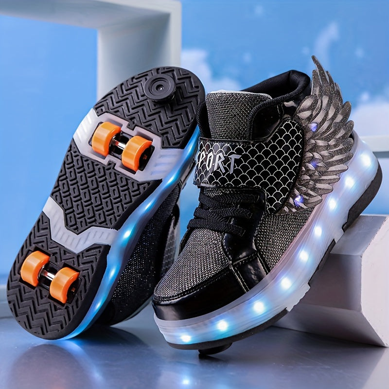 Roller Skate Sneakers USB Rechargeable Pink with Wings Kids Teens Light-Up Roller Shoes LED Sneakers with Wheels for Outdoors | Sansoti