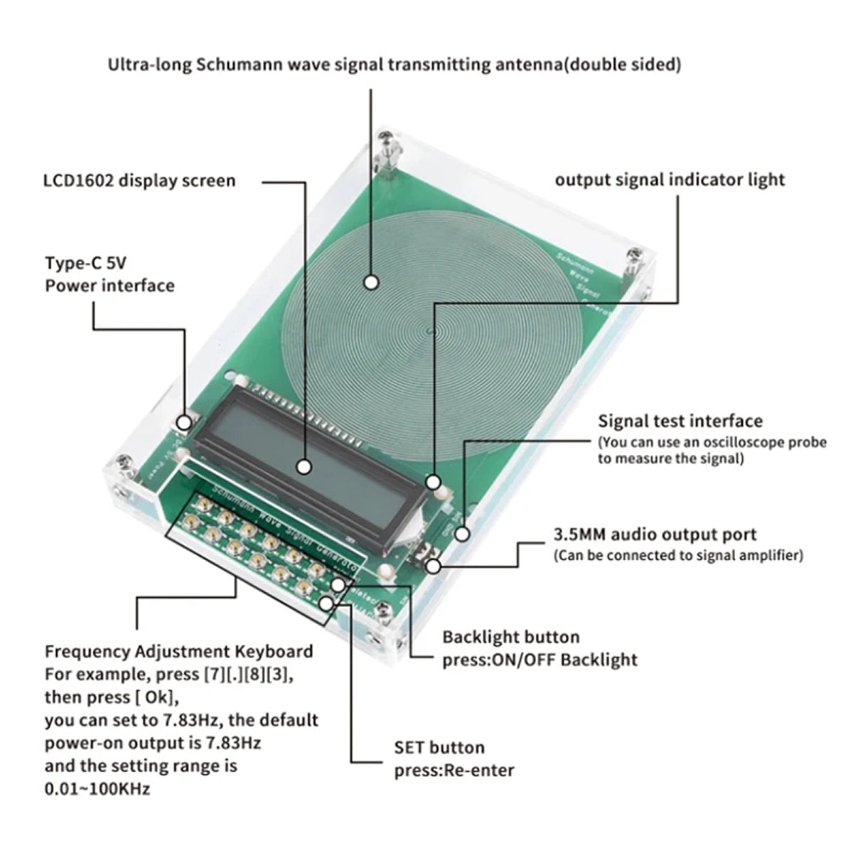 Niederfrequenz-Signalgenerator 0.01-100000Hz, Quarzoszillator, LCD-Display, Typ-C, 7.83Hz-Schumann-Wellengenerator | Sansoti