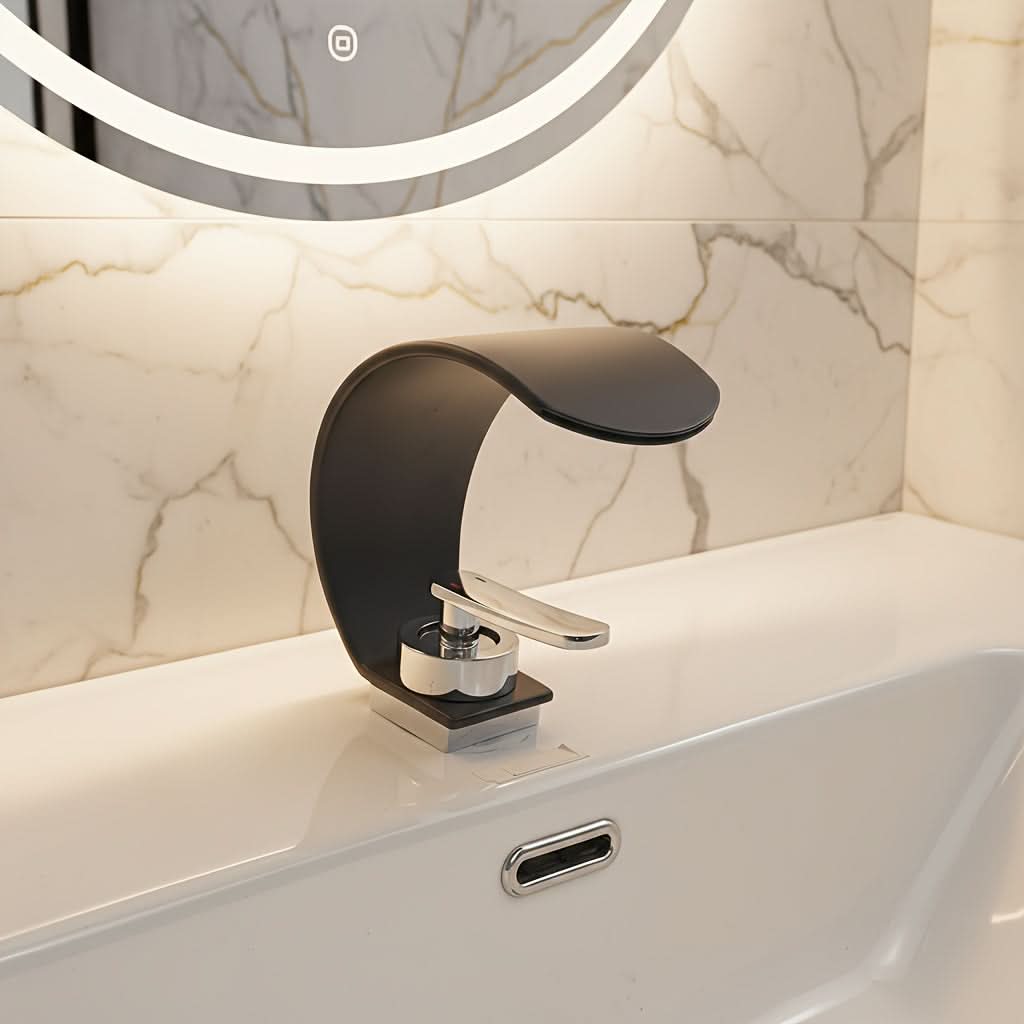 Waterval Wastafelkraan Gebogen Chroom RVS Spiegelfinis Ééngreeps Eengatsmontage Moderne Badkamer Kraan | Sansoti