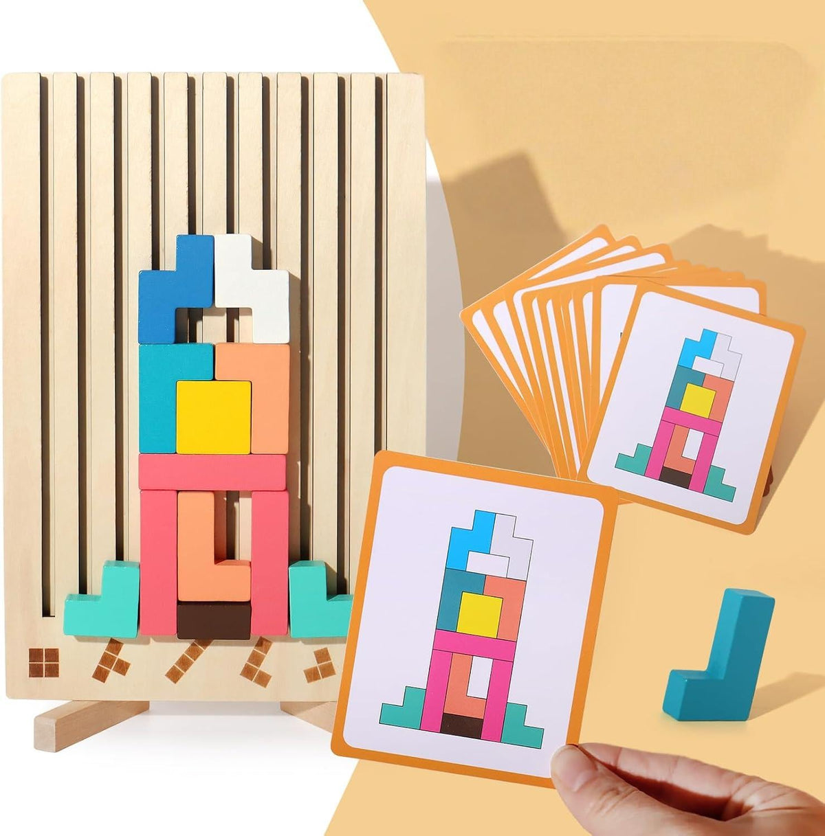 Houten 3D Puzzelspel voor Kinderen – Creatief Tetris Stapelspel met Geometrische Blokken – Ruimtelijk Inzicht & Handcoördinatie | Sansoti