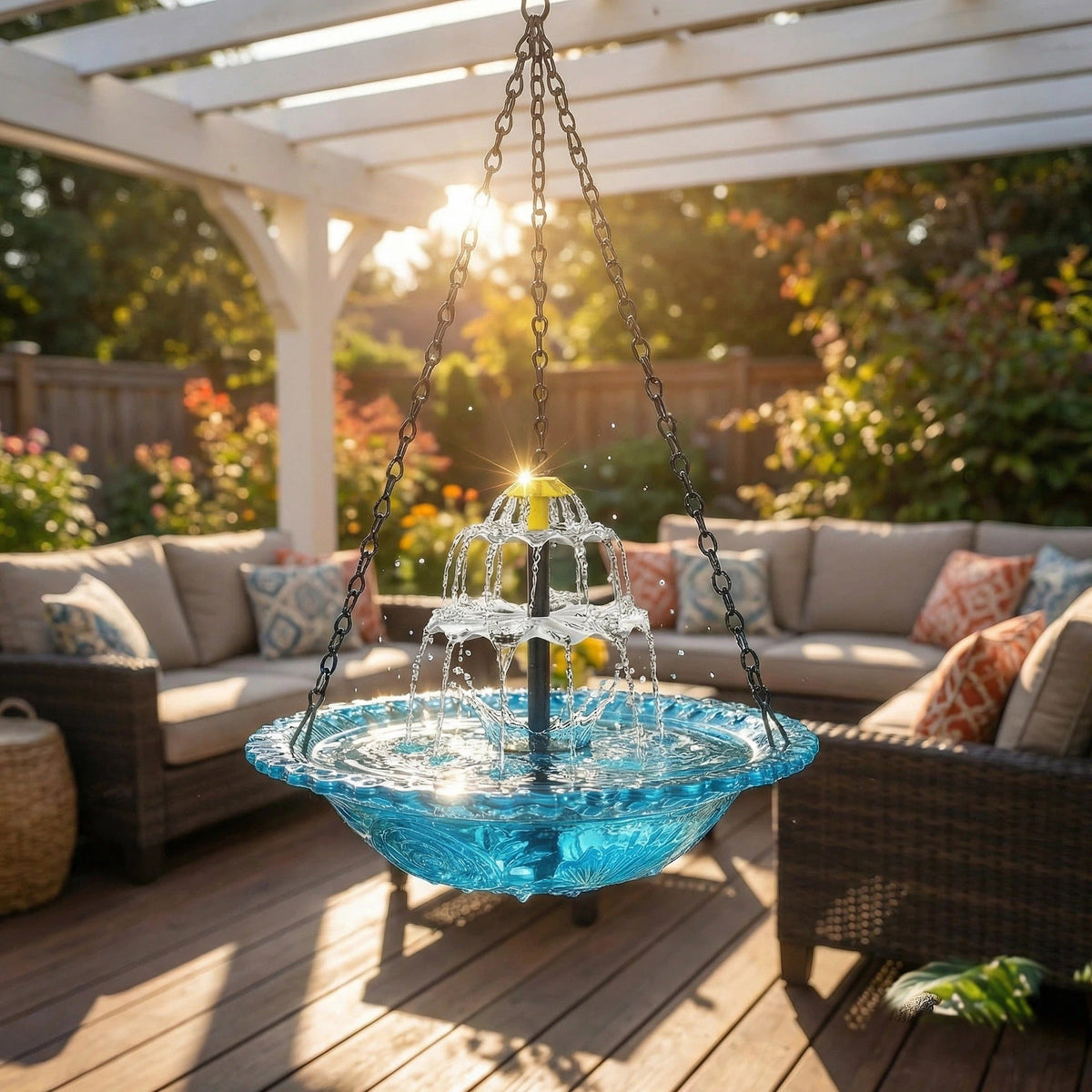 Hängender Sonnenvogel-Trinkbrunnen Glas 2-stufig 25,5cm Garten Terrasse Balkon Solar Kabellos Vogelbad Wasserfall Blau Rosa Schwarz | Sansoti