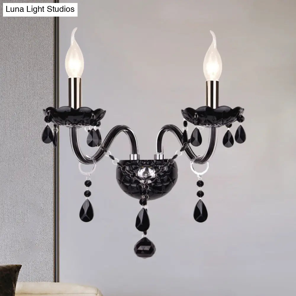 Kristall-Wandleuchte Schwarz im Kerzenstil Eleganter S-förmiger Arm 1–2 Lichtquellen E12 E14 Fassung Elegantes Wohnzimmer | Sansoti