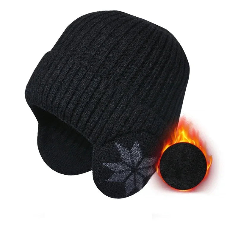 Knitted Winter Hat with Ear Flaps Unisex Warm Beanie Soft Lining Snowflake Pattern Winter Sports | Sansoti