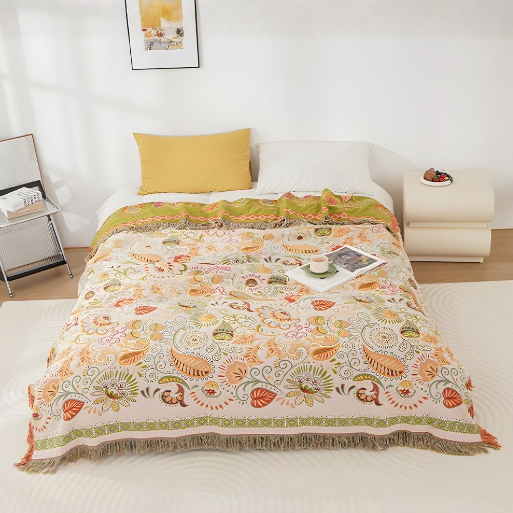 Wendbare Boho-Plaid mit Herbstblättern und Quasten – Weiche Baumwoll-Gaze-Decke für Sofa und Bett | Sansoti