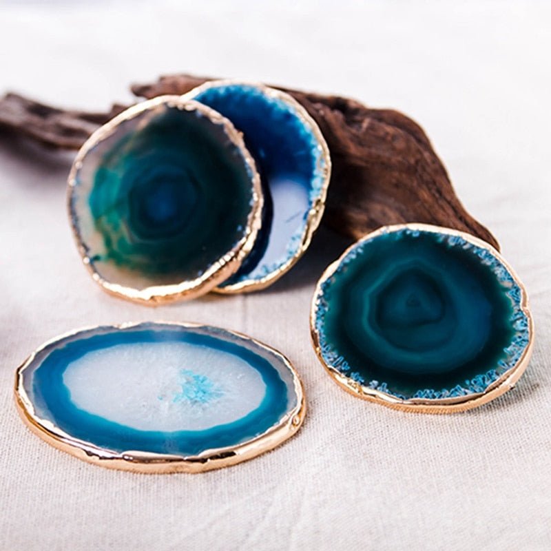 Blue Agate Coasters 2-Piece Set Natural Stone Gold-Colored Edge Unique Cut | Sansoti